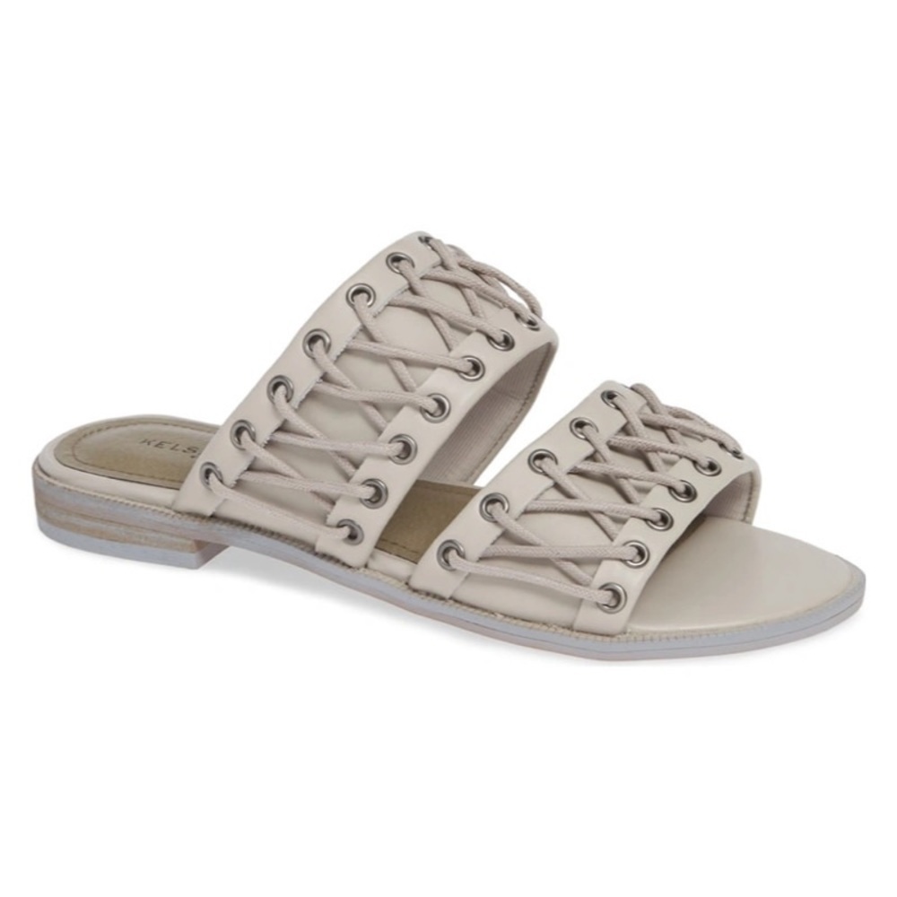 Kelsi Dagger Bone Gray Leather Lace Up Flat Brooklyn Rio Slide Sandals Size 7